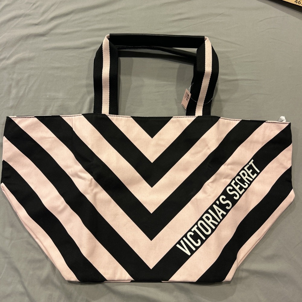 VICTORIA'S SECRET PINK AND BLACK STRIPED ZIPPERED WEEKENDER TOTE BAG - NEW W/TAG